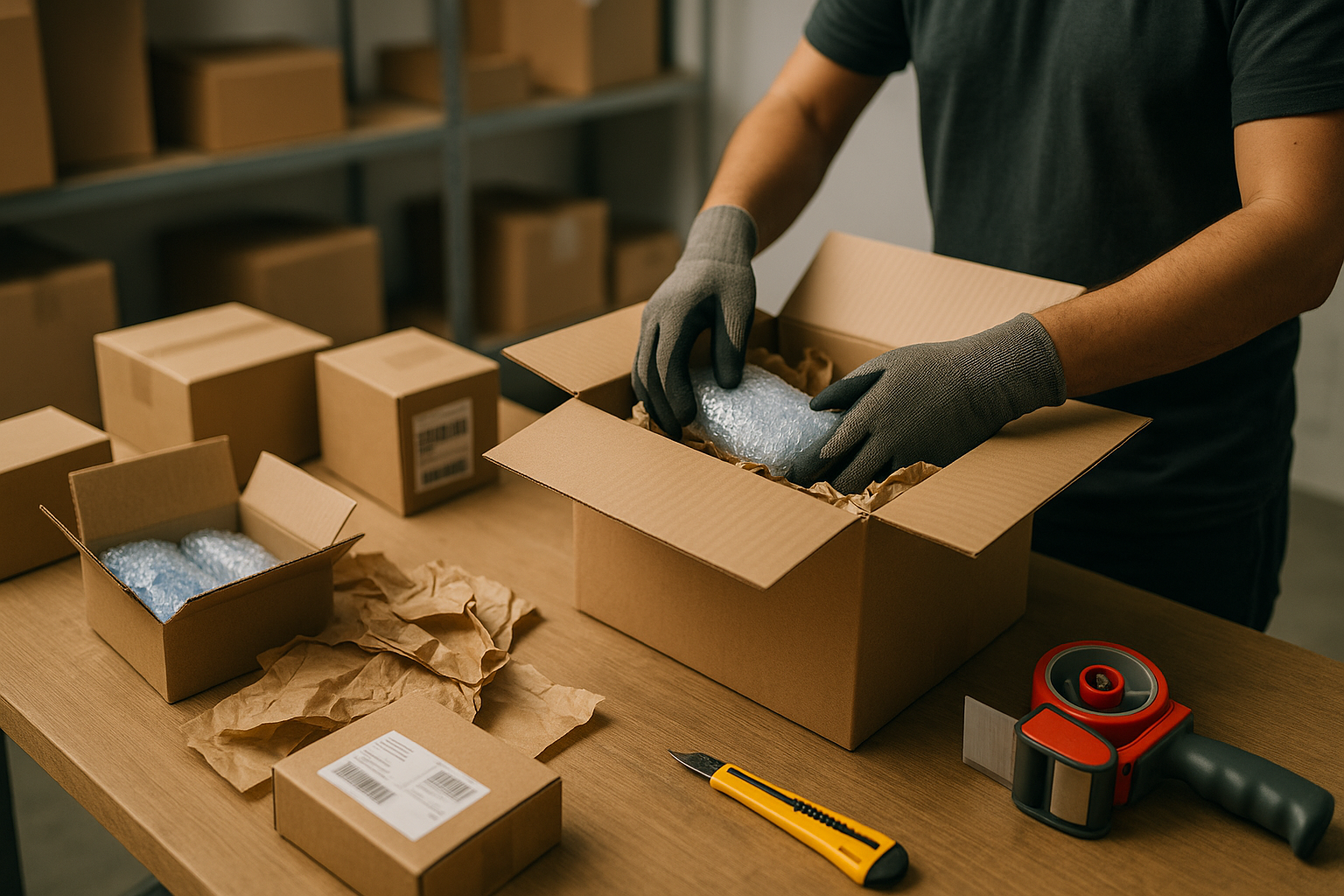 Mesa con varias cajas, material de relleno y caja madre para consolidar